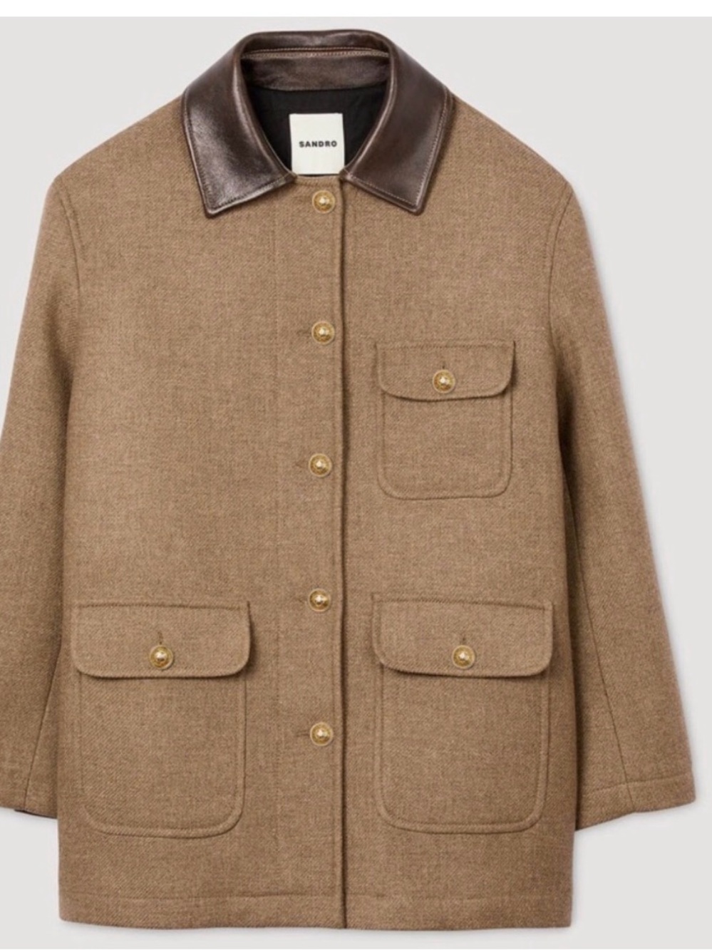 Sandro Tan Wool Jacket with Dark Brown Leather Collar - Picture 1 of 8